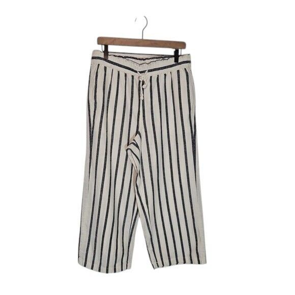 J Crew Women Sz 12 Linen Blend Wide Leg Ankle Pants Blue White Stripe Boho Beach - Picture 1 of 8